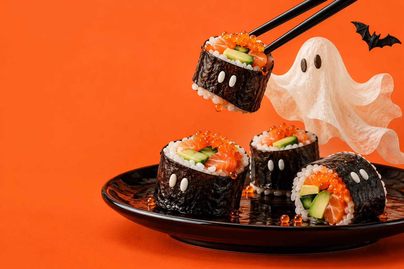 Ilustración de Halloween: pequeños makis con ojos de fantasma junto a un espíritu de papel de arroz